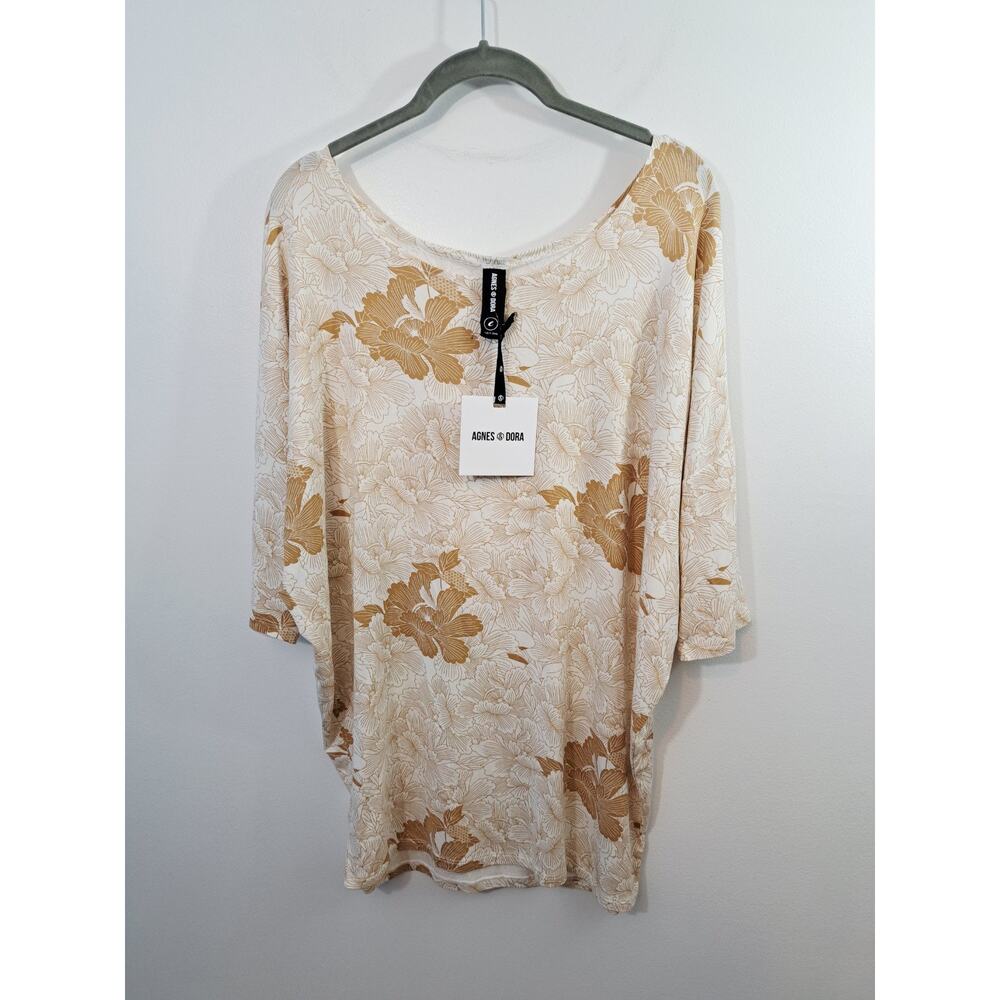 Agnes & Dora Dolman Tunic Tan Cream Deco Floral Large New! Fitted Sleeve Tapered